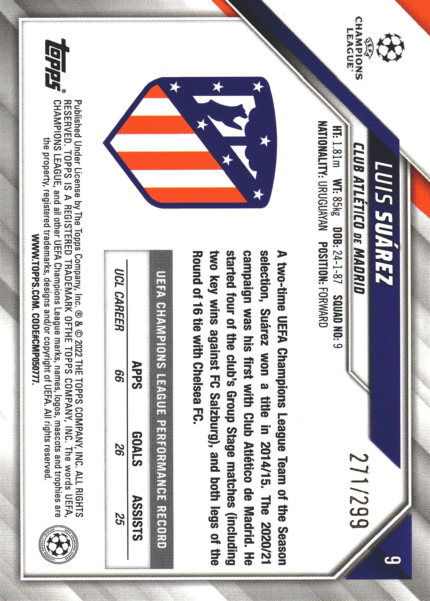 2021 Topps UCC Aqua /299 Luis Suarez #9 Atletico de Madrid