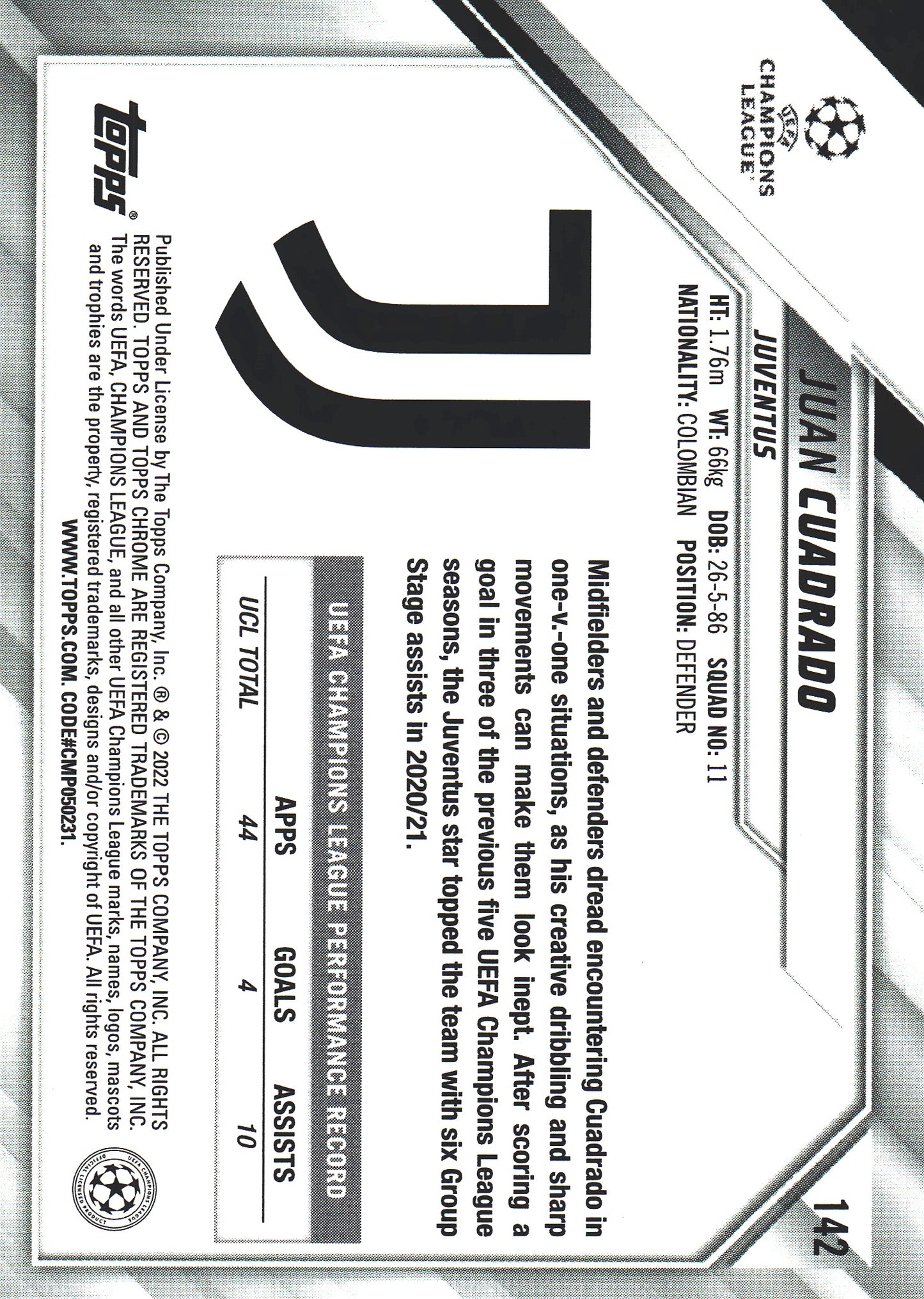 2021 Topps Chrome UCC Juan Cuadrado #142 Juventus