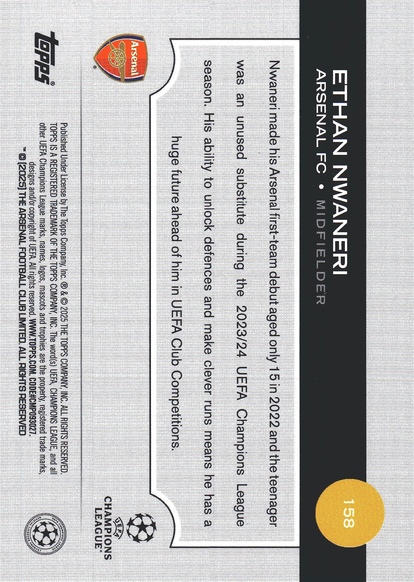 2024 Topps UCC Ethan Nwaneri RC #158 Arsenal