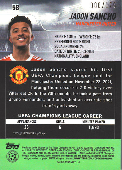 2021 Topps Stadium Chrome UCC Night Vision Prism /175 Jadon Sancho #58 Manchester United