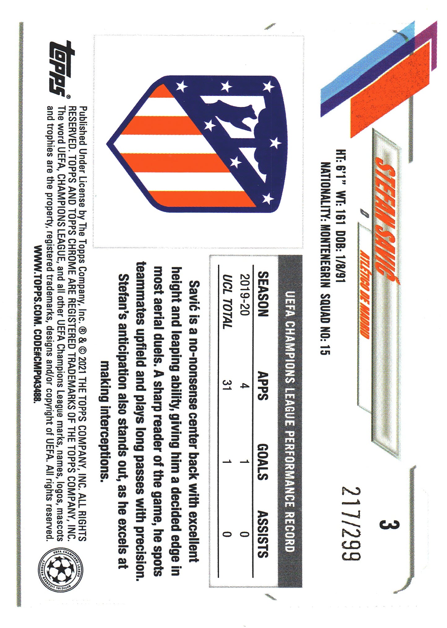 2020 Topps Chrome UCC Yellow Sparkle /299 Stefan Savic #3 Atletico de Madrid