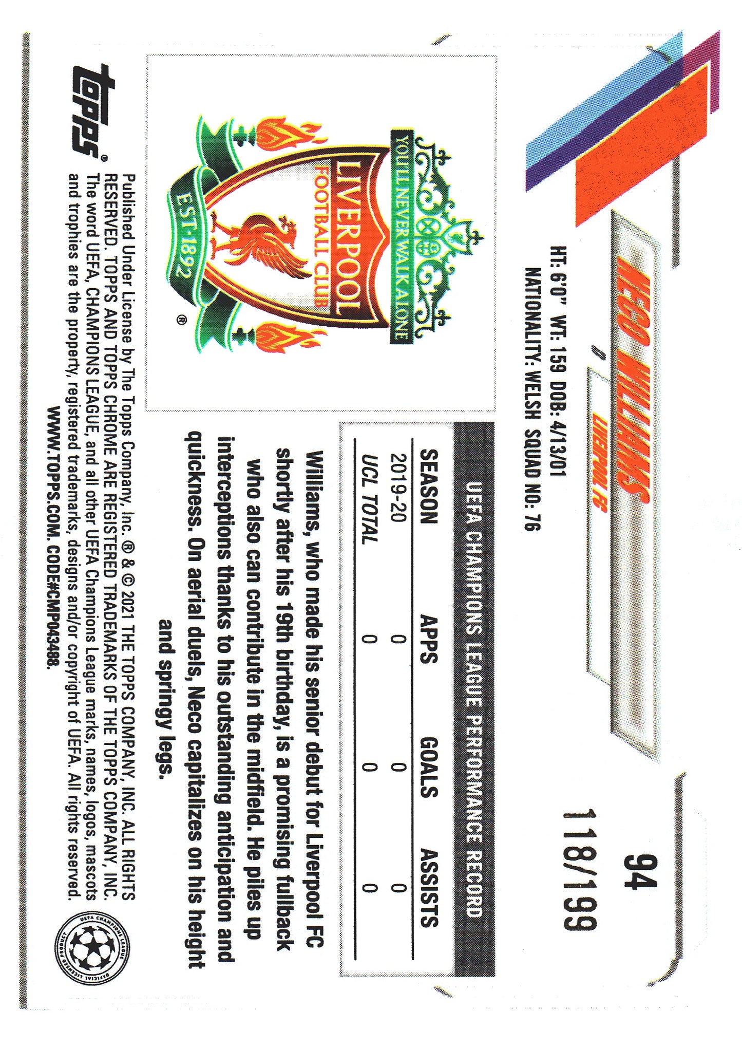 2020 Topps Chrome UCC Aqua /199 Neco Williams RC #94 Liverpool