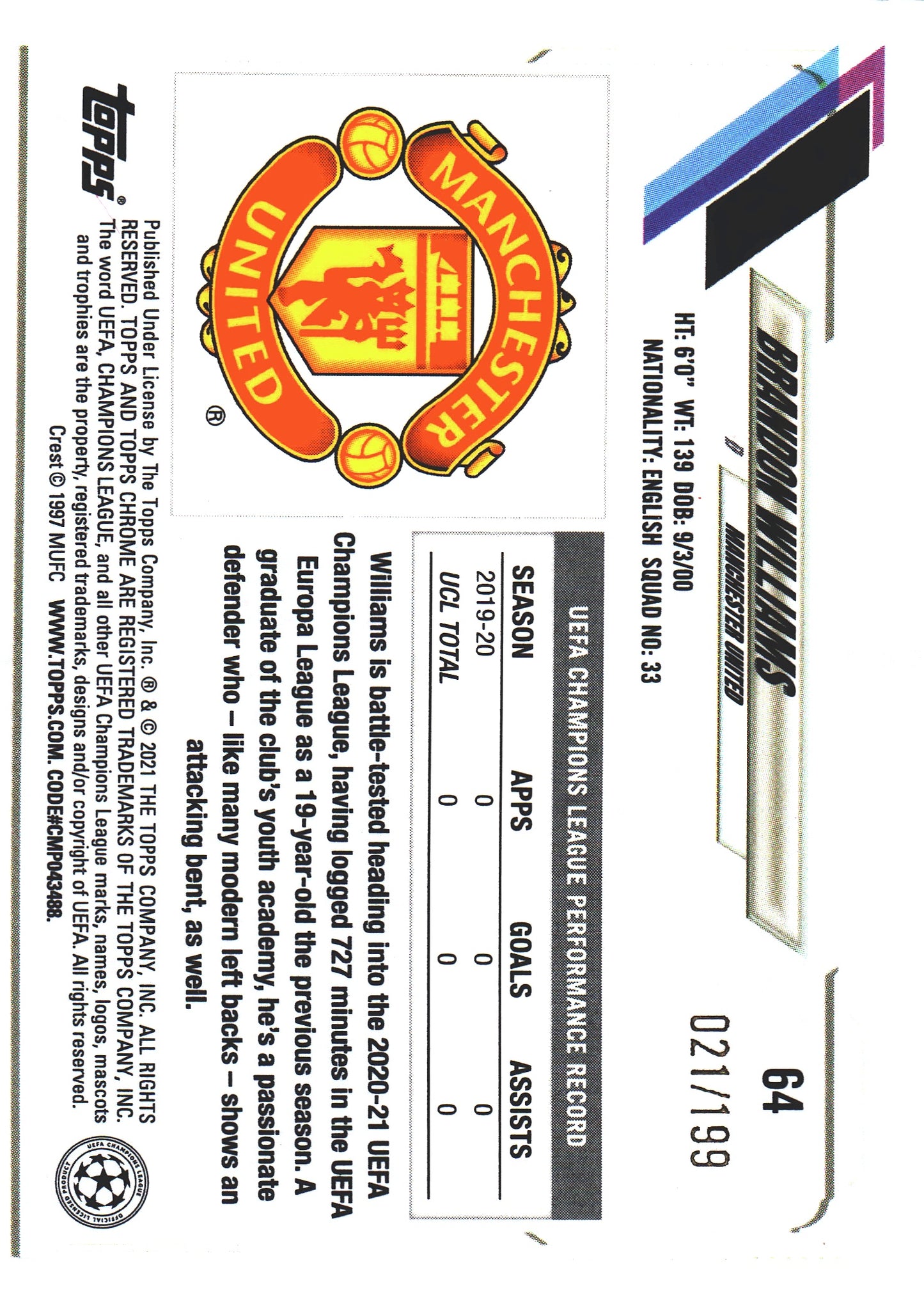 2020 Topps Chrome UCC Aqua Wave /199 Brandon Williams #64 Manchester United