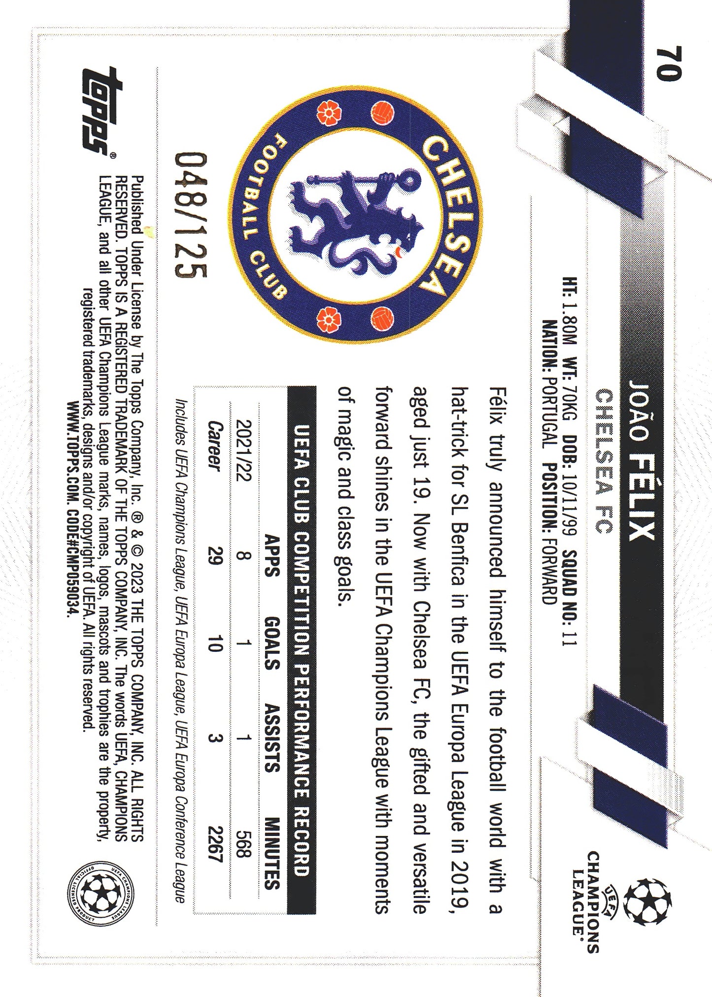 2022 Topps UCC Blue Inferno /125 Joao Felix #70 Chelsea