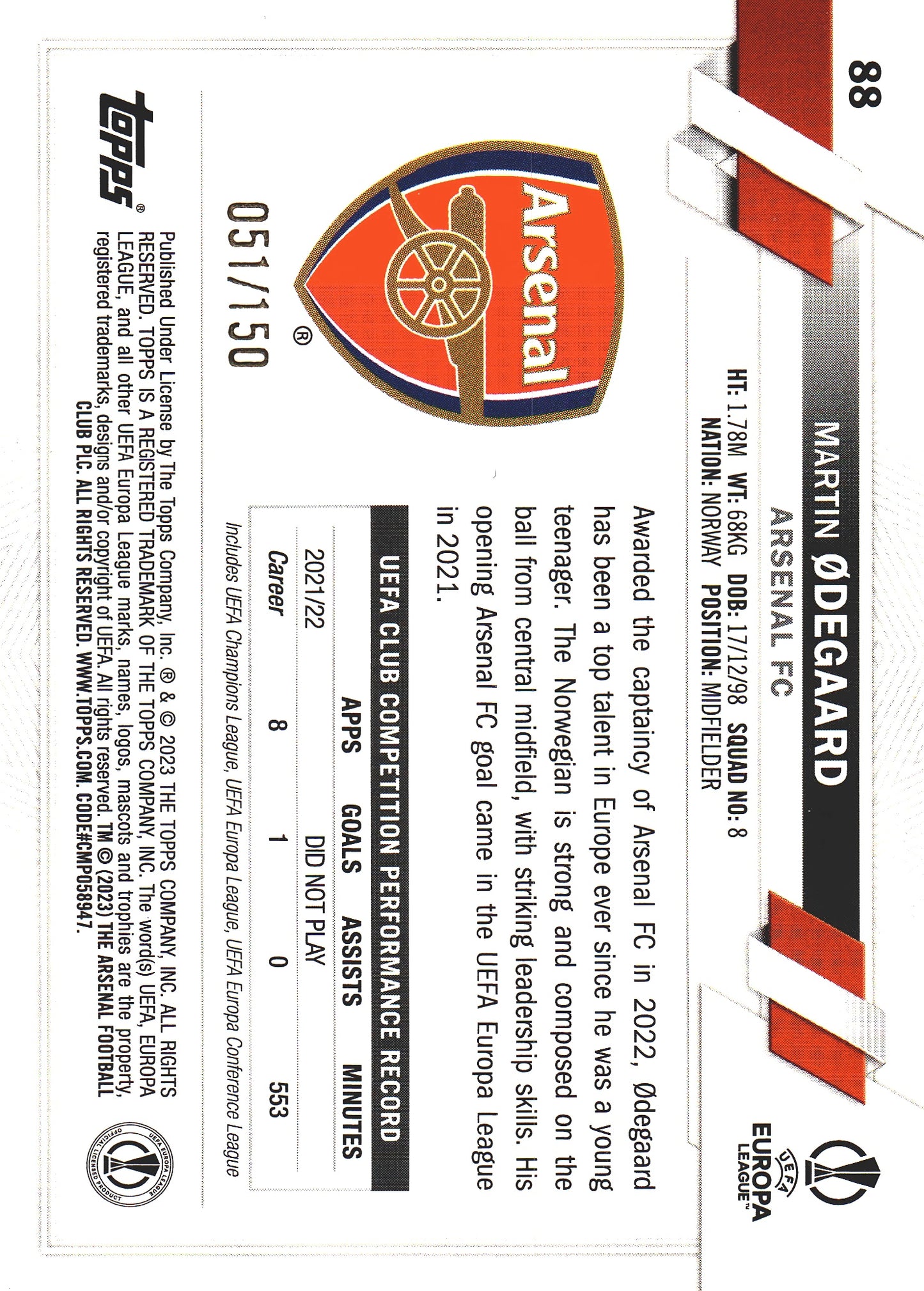 2022 Topps UCC Chinese /150 Martin Odegaard #88 Arsenal
