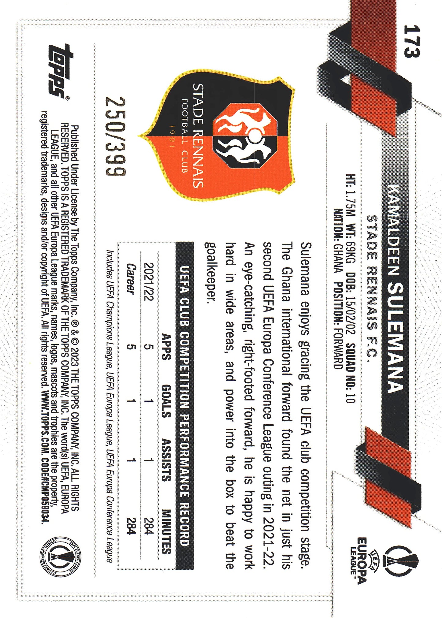 2022 Topps UCC Icy Aqua /399 Kamaldeen Sulemana FS #173 Rennes