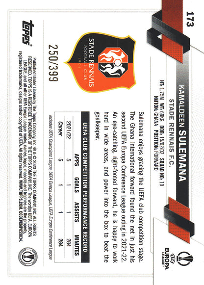 2022 Topps UCC Icy Aqua /399 Kamaldeen Sulemana FS #173 Rennes