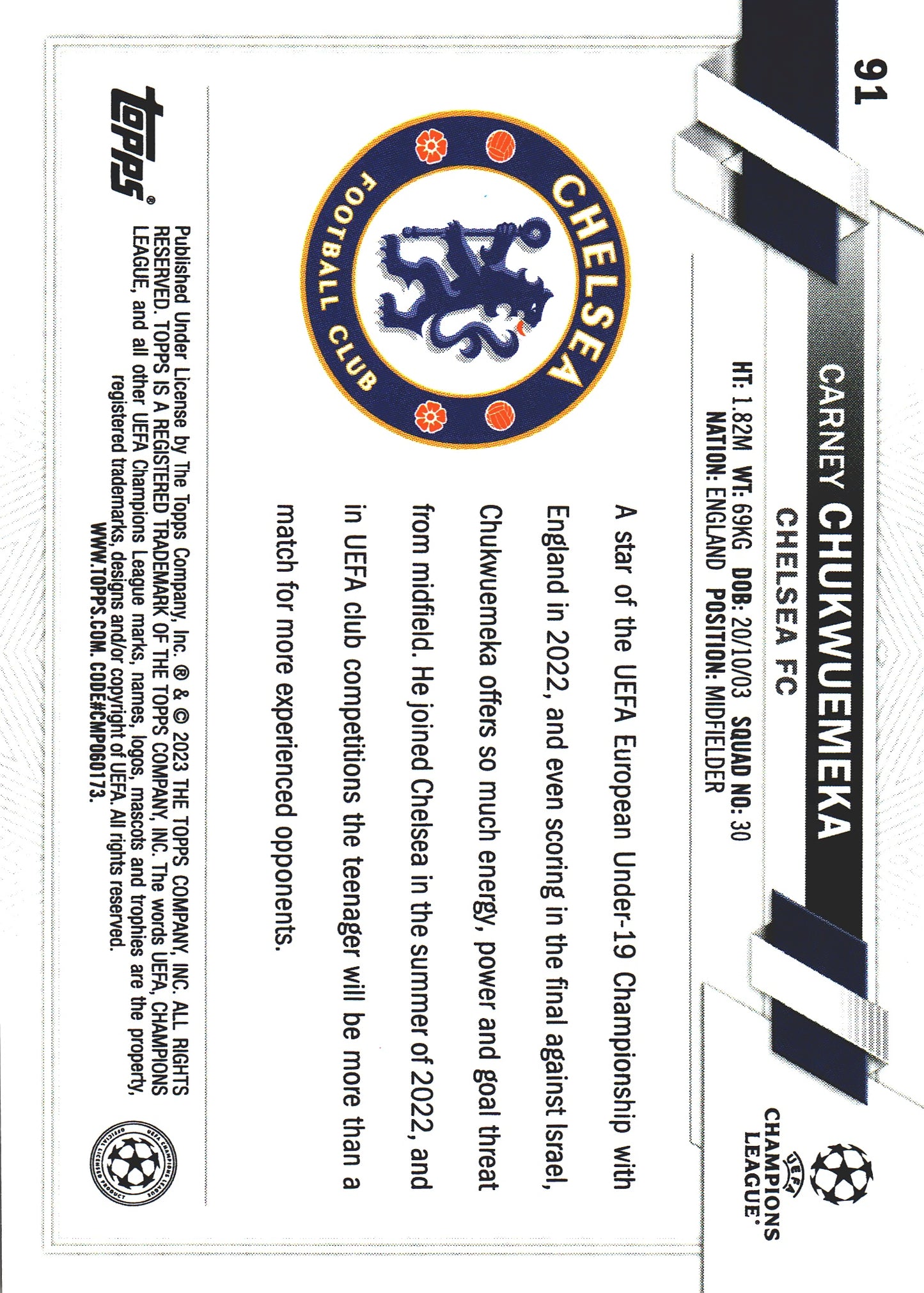 2022 Topps Chrome UCC Gold Lava SP Carney Chukwuemeka #91 Chelsea