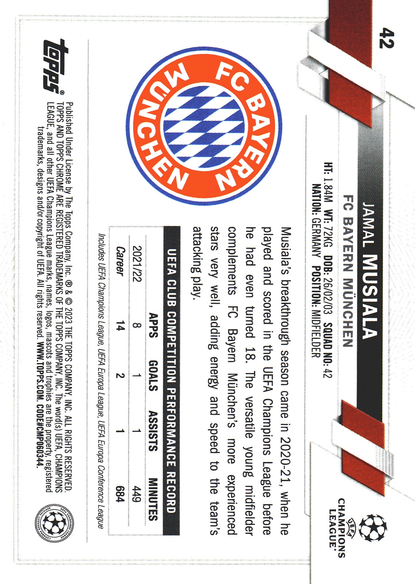 2022 Topps Chrome Sapphire UCC SP Image Variation Jamal Musiala #42 Bayern Munich