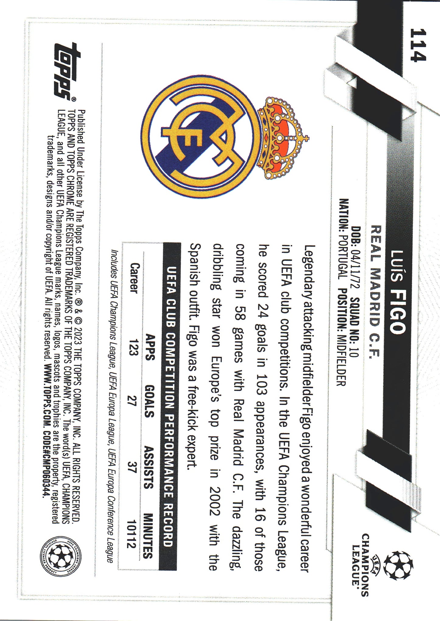 2022 Topps Chrome Sapphire UCC SP Image Variation Luis Figo #114 Real Madrid