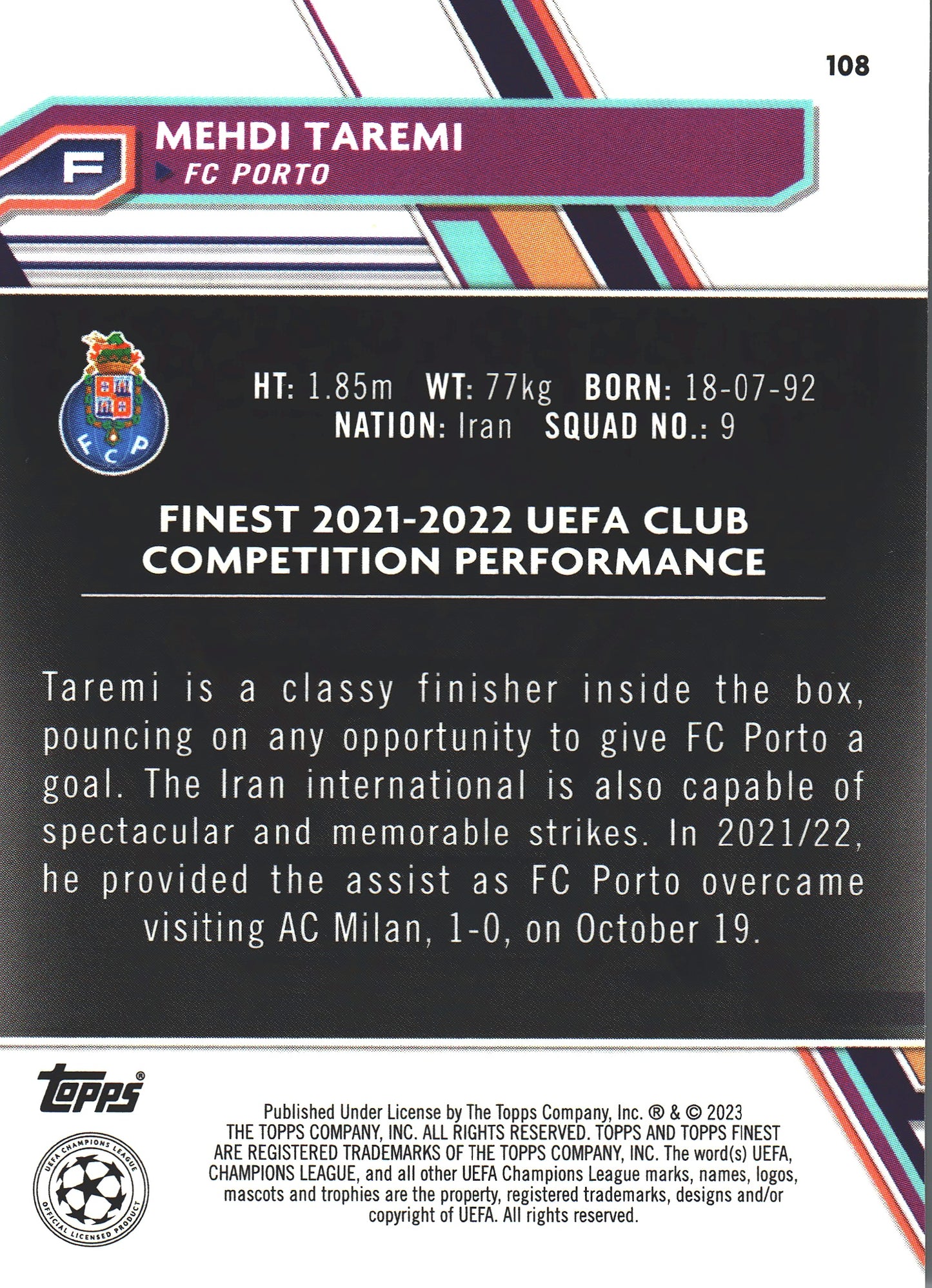 2022 Topps Finest UCC Blue /275 Mehdi Taremi #108 FC Porto