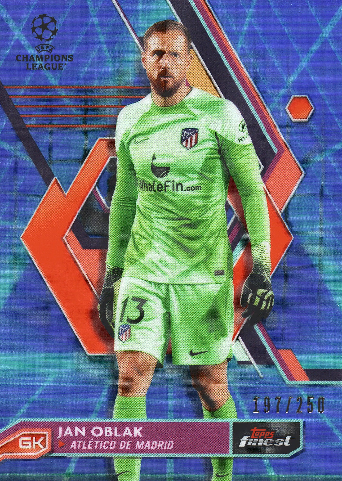 2022 Topps Finest UCC Blue /275 Jan Oblak #13 Atletico de Madrid