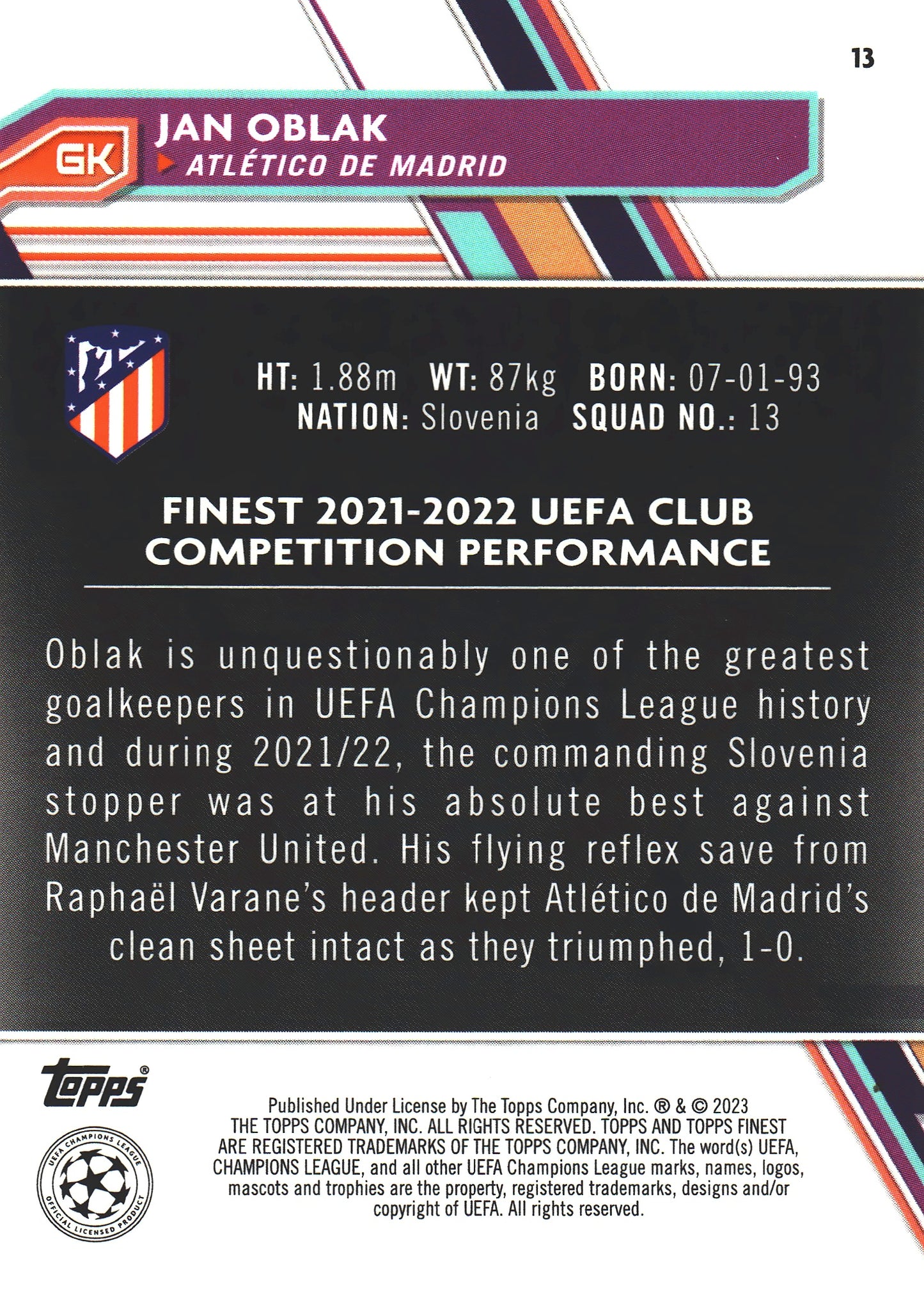 2022 Topps Finest UCC Blue /275 Jan Oblak #13 Atletico de Madrid