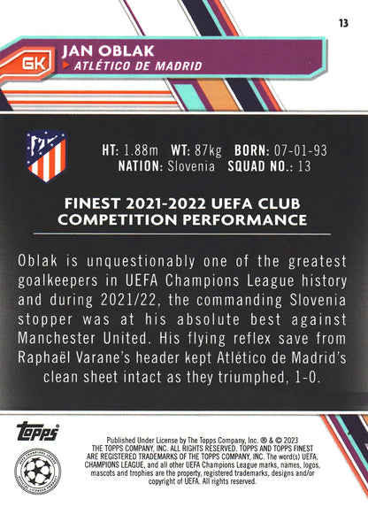 2022 Topps Finest UCC Blue /275 Jan Oblak #13 Atletico de Madrid
