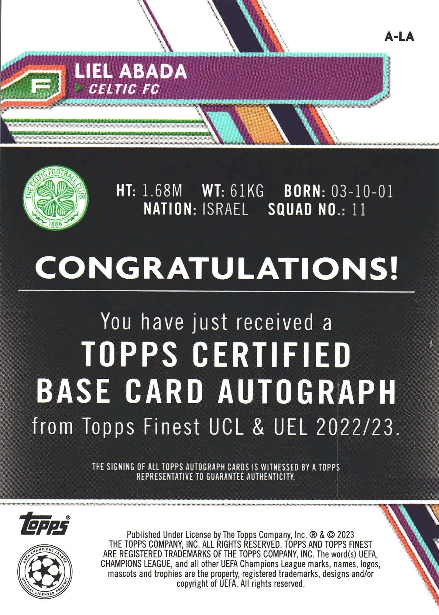 2022 Topps Finest UCC Autograph Liel Abada #A-LA Celtic FC