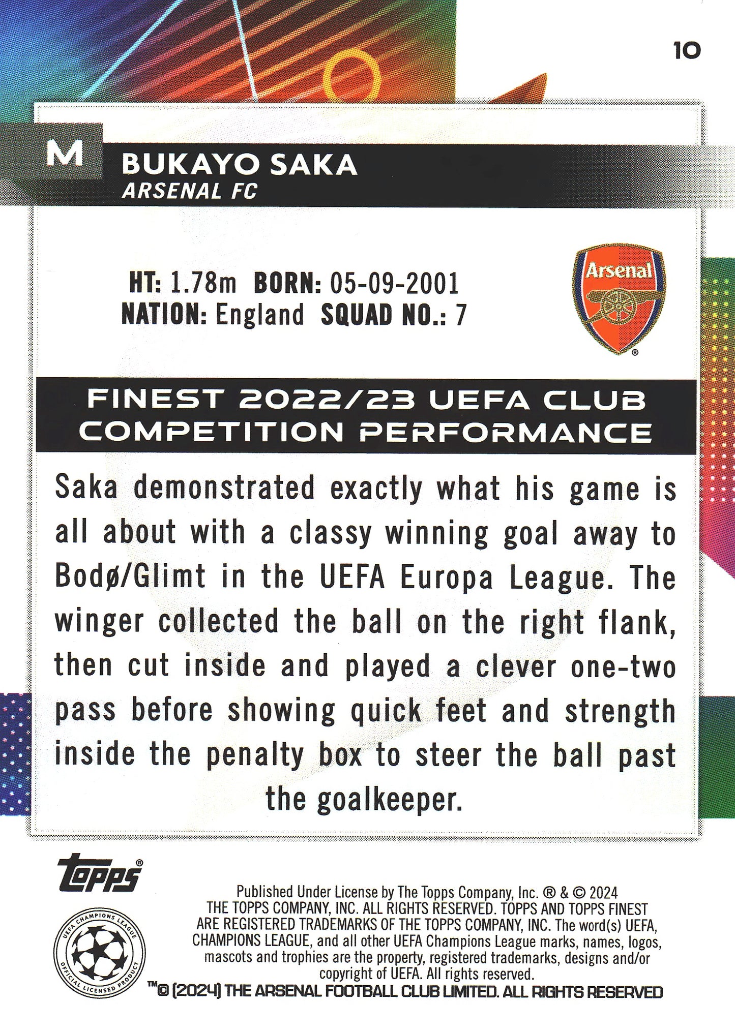 2023 Topps Finest UCC Bukayo Saka #10 Arsenal