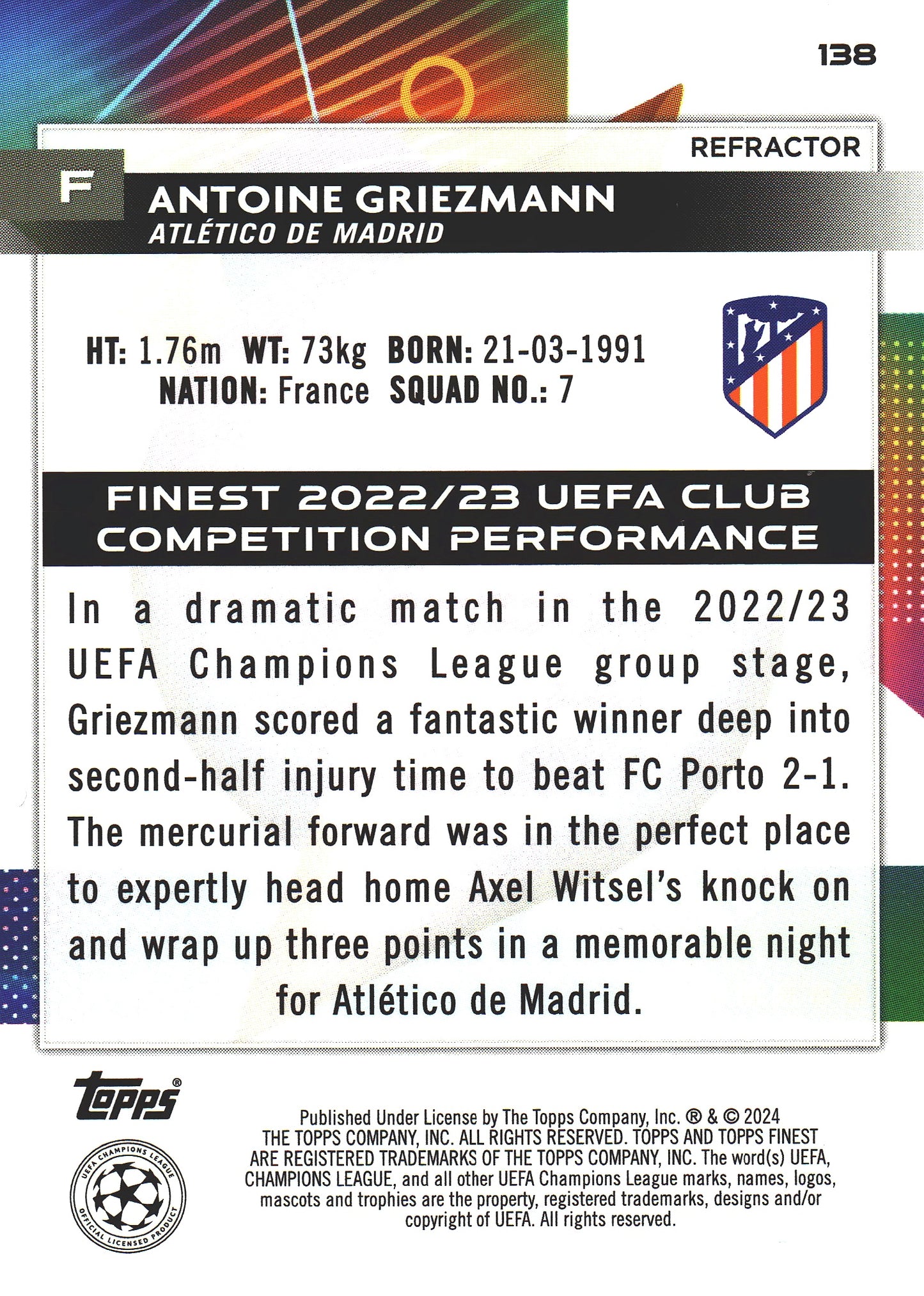 2023 Topps Finest UCC Refractor Antoine Griezmann #138 Atletico de Madrid