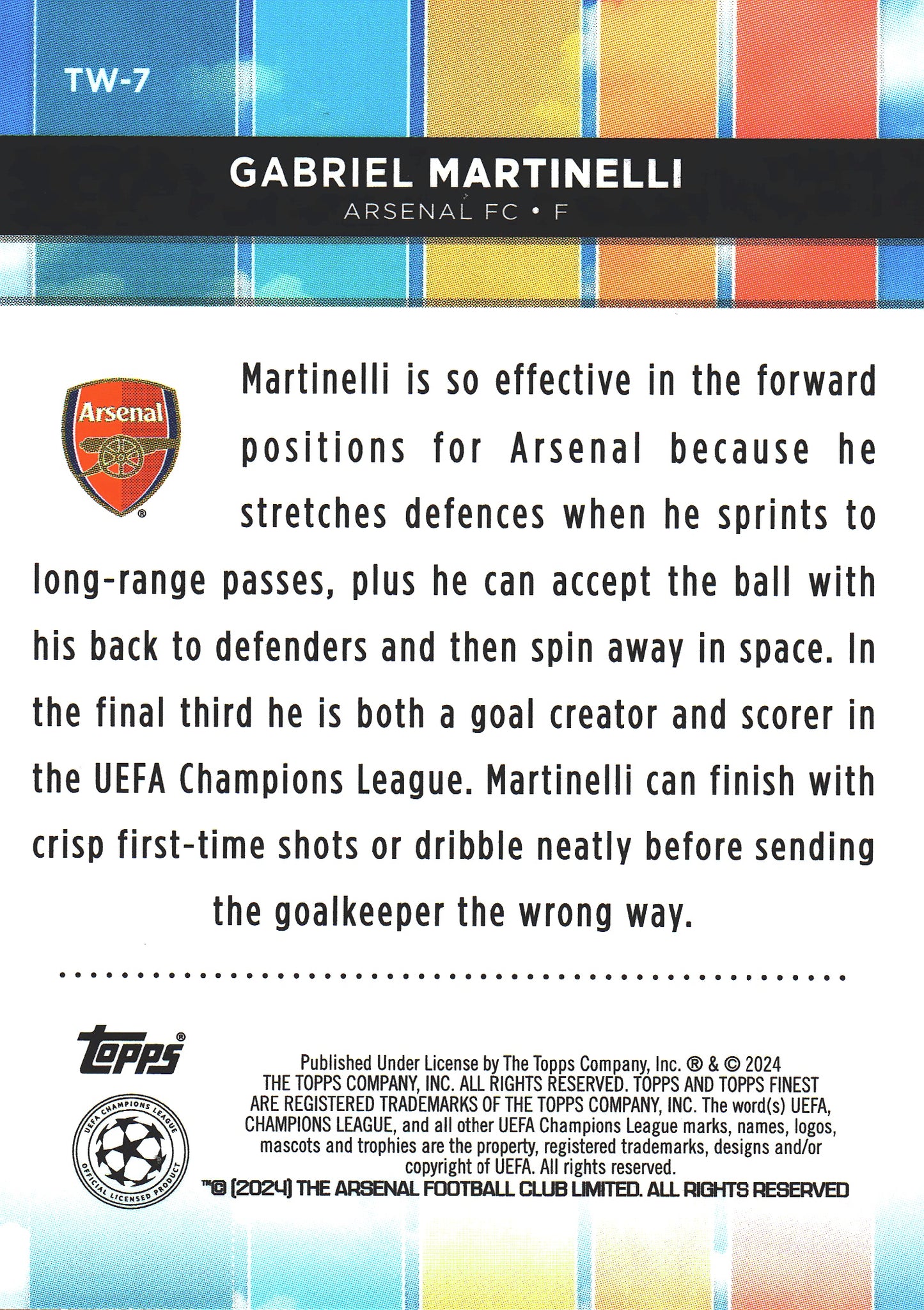 2023 Topps Finest UCC Top of the World Gabriel Martinelli #TW-7 Arsenal