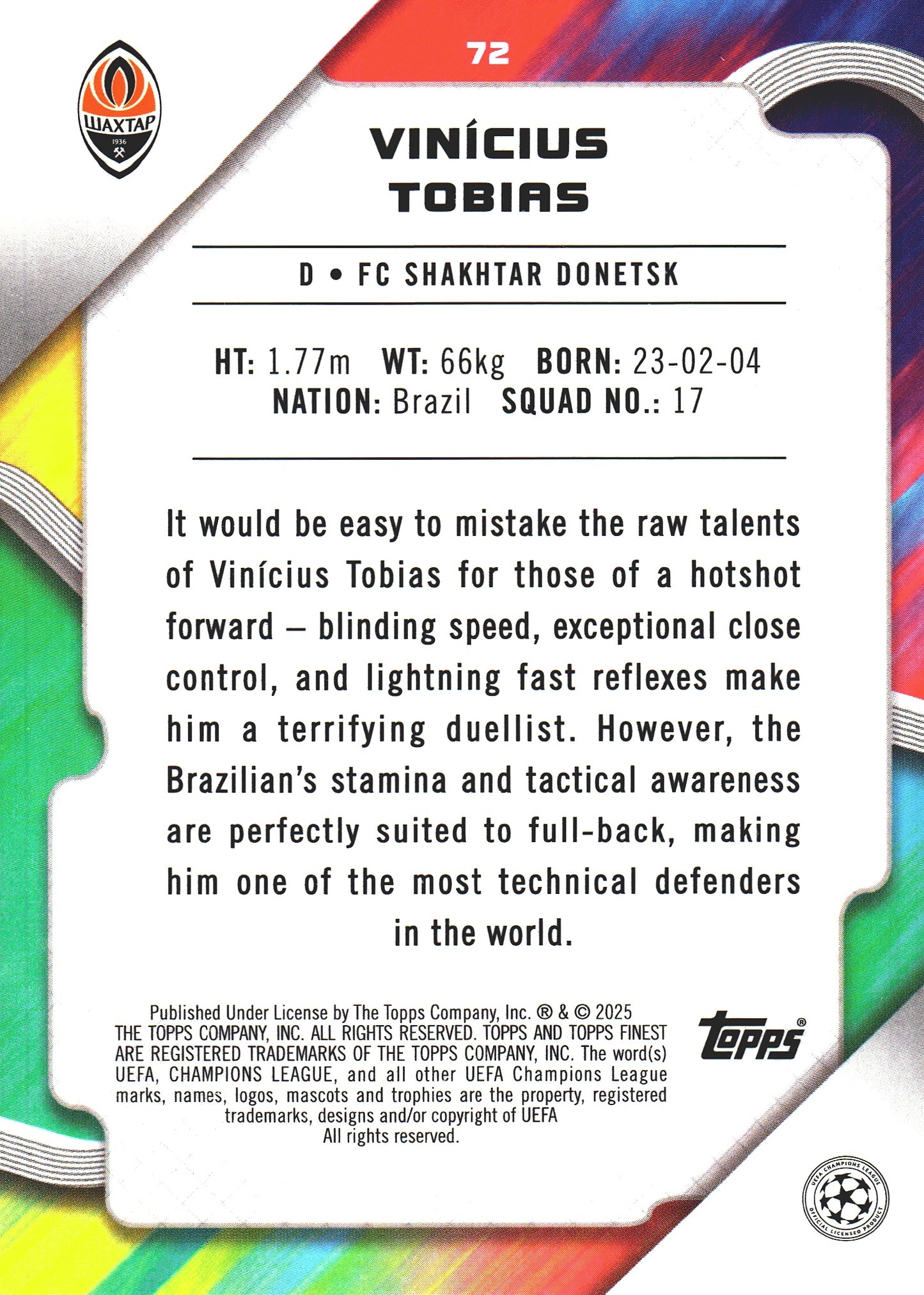 2024 Topps Finest UCC Green /99 Vinicius Tobias RC Shakhtar Donetsk