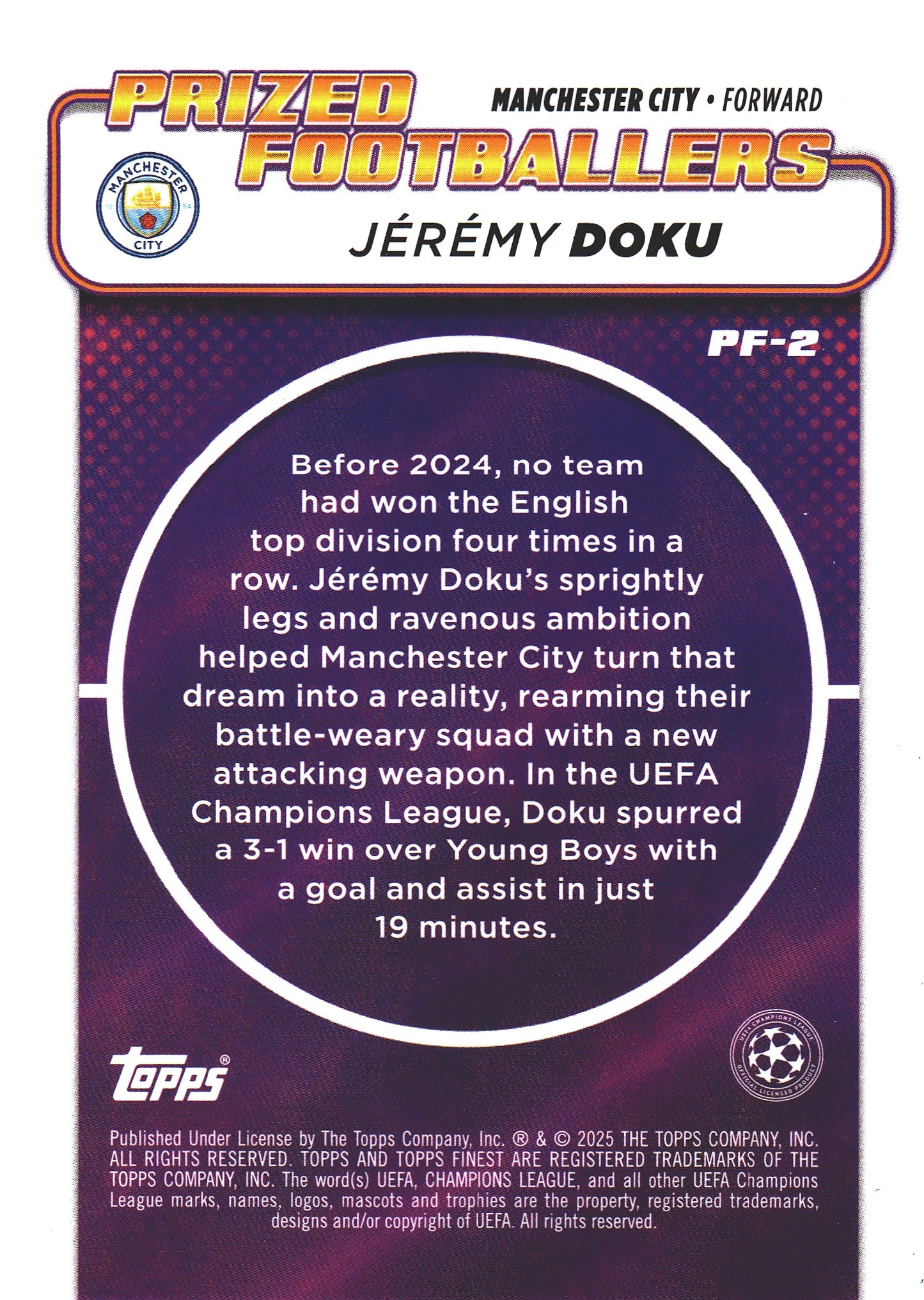 2024 Topps Finest UCC Prized Footballers Jeremy Doku #PF-2 Manchester City