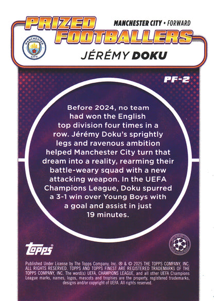 2024 Topps Finest UCC Prized Footballers Jeremy Doku #PF-2 Manchester City
