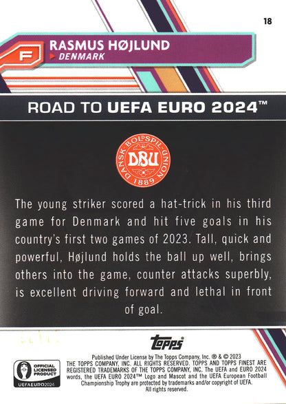 2023 Topps Finest Euro 2024 Green Lava /99 Rasmus Hojlund National Debut #18 Denmark