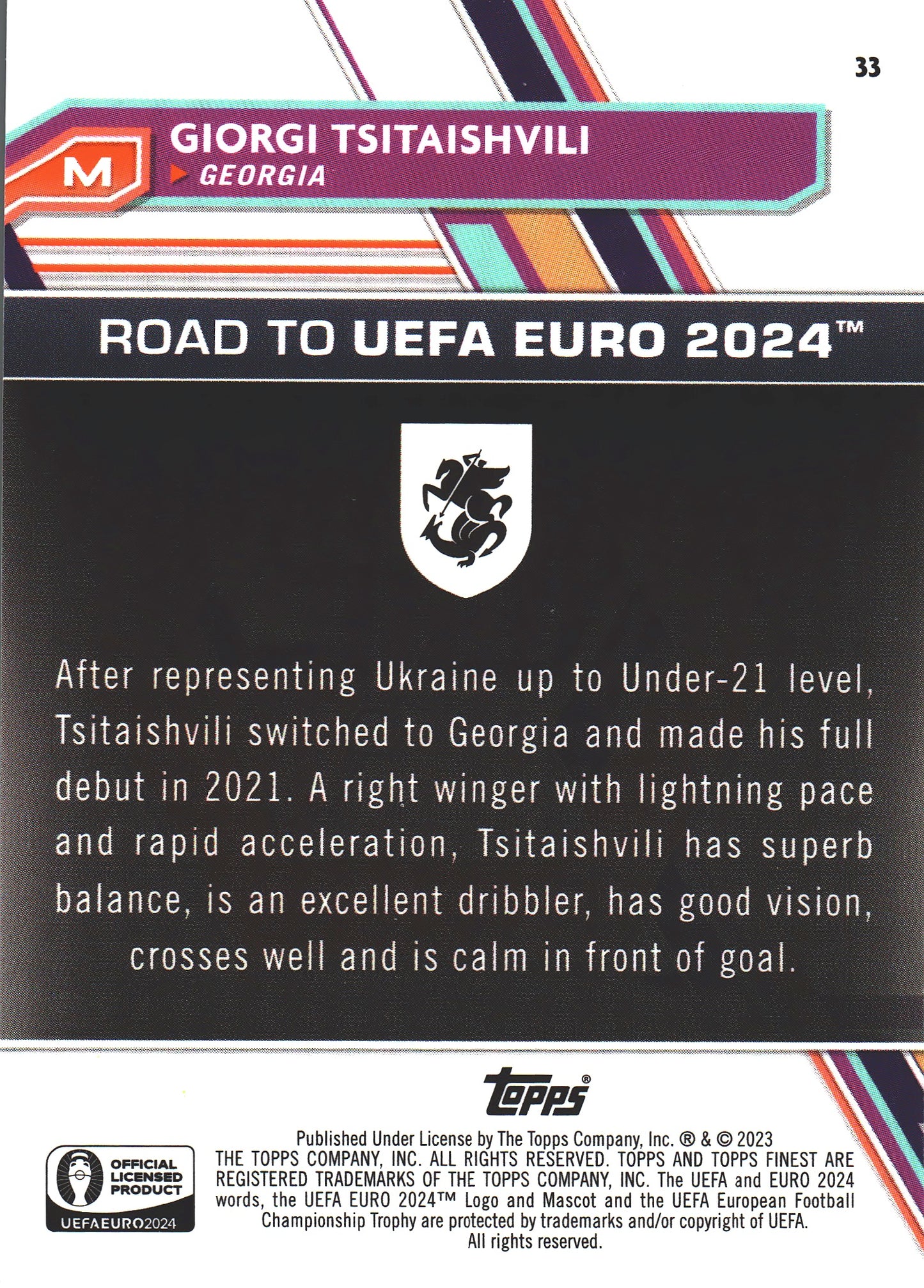 2023 Topps Finest Euro 2024 Green Lava /99 Giorgi Tsitaishvili #22 Georgia