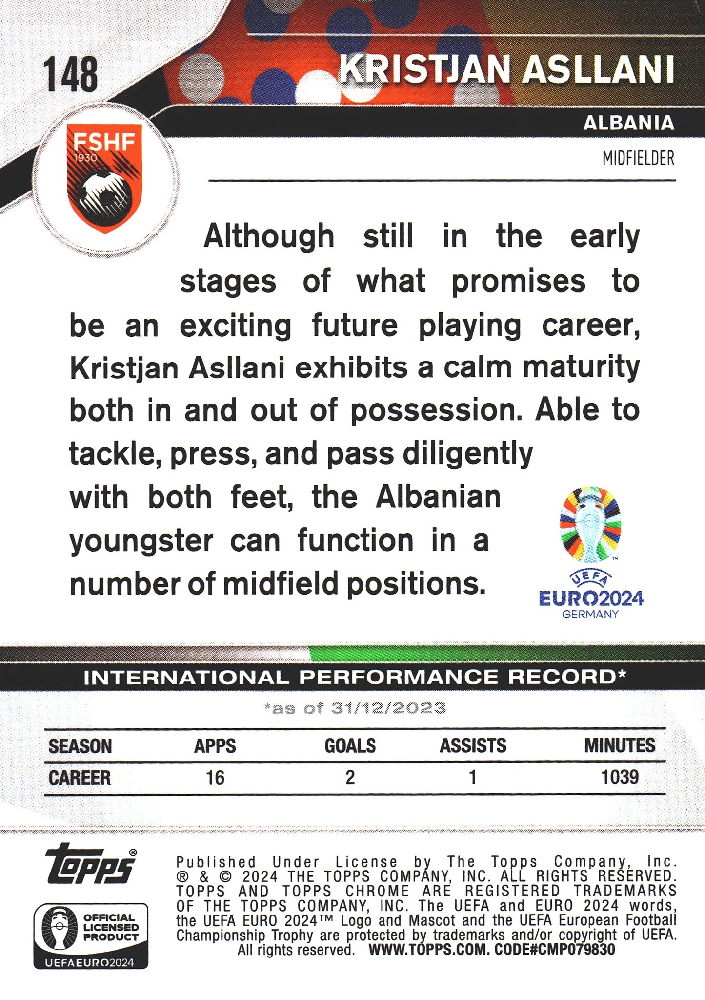 2024 Topps Chrome Sapphire Euro 2024 Sapphire Kristjan Asllani #148 Albania