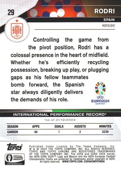 2024 Topps Chrome Sapphire Euro 2024 Sapphire Gold /50 Rodri #29 Spain