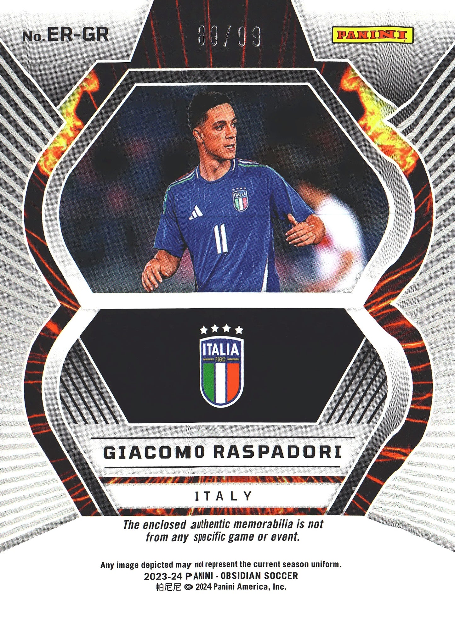 2023 Panini Obsidian Eruption Patch /99 Giacomo Raspadori #ER-GR Italy