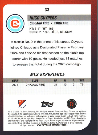 2025 Topps Chrome MLS Blue /150 Hugo Cuypers #33 Chicago Fire