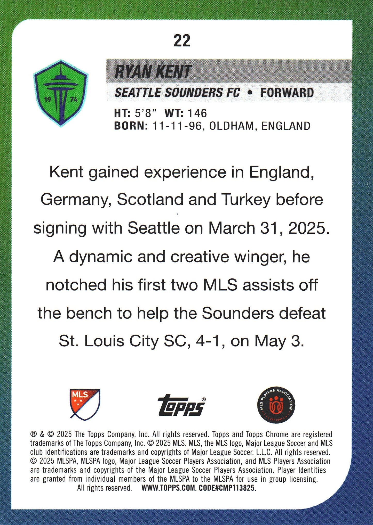 2025 Topps Chrome MLS Aqua /199 Ryan Kent #22 Seattle Sounders