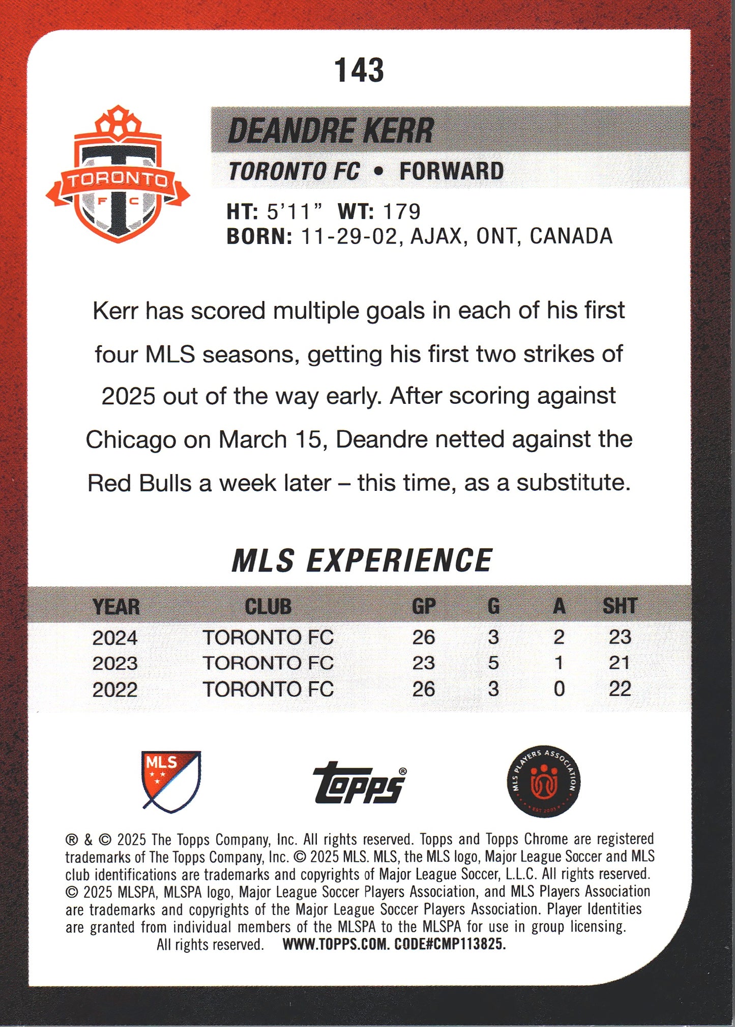 2025 Topps Chrome MLS Red Wave /5 Deandre Kerr #143 Toronto FC