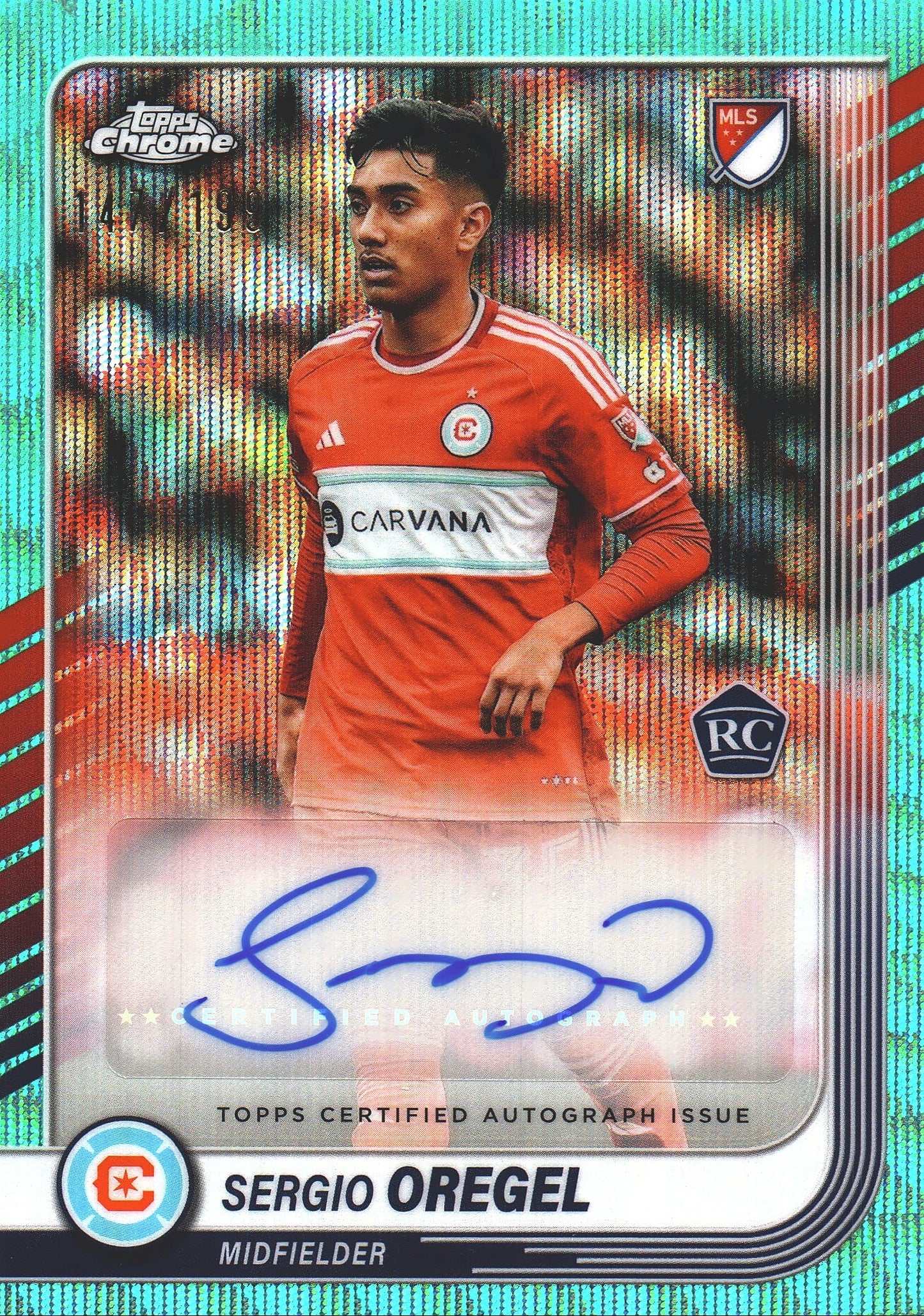 2025 Topps Chrome MLS Aqua Wave /199 Sergio Oregel Autograph RC #CA-SO Chicago Fire