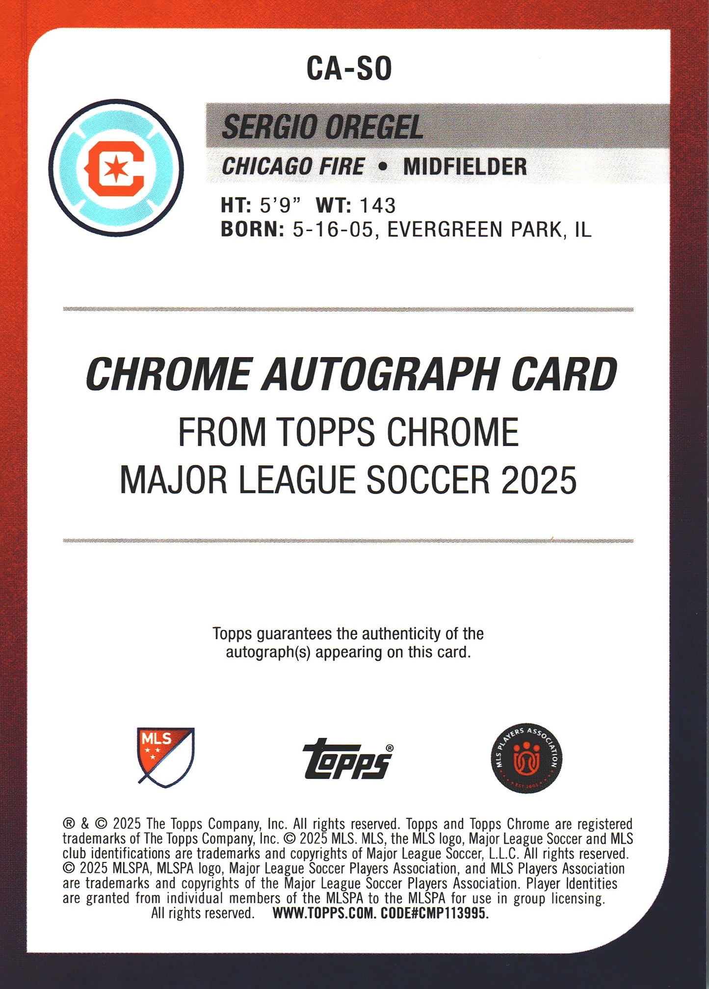 2025 Topps Chrome MLS Aqua Wave /199 Sergio Oregel Autograph RC #CA-SO Chicago Fire