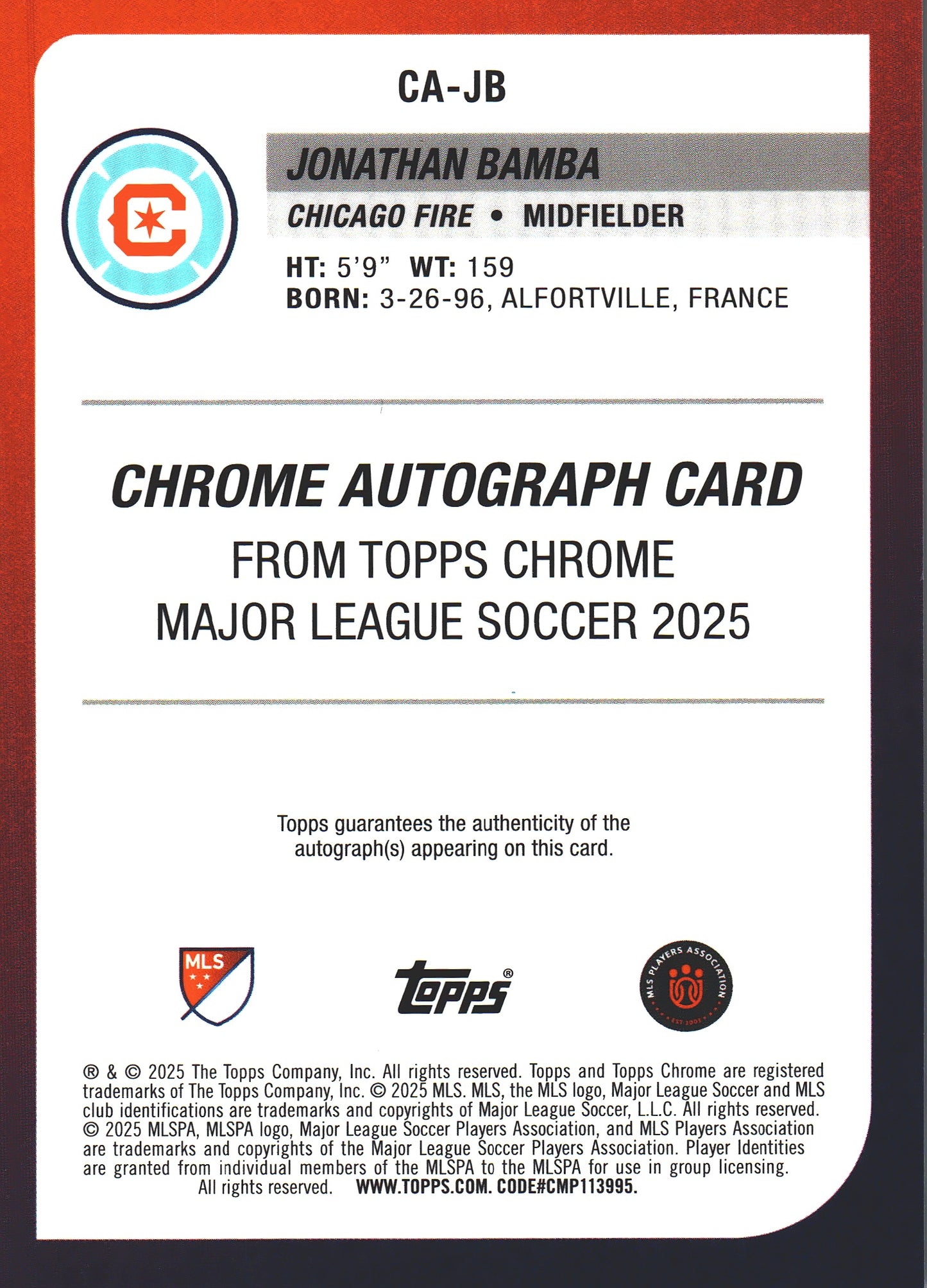 2025 Topps Chrome MLS Purple /75 Jonathan Bamba Autograph #CA-JB Chicago Fire