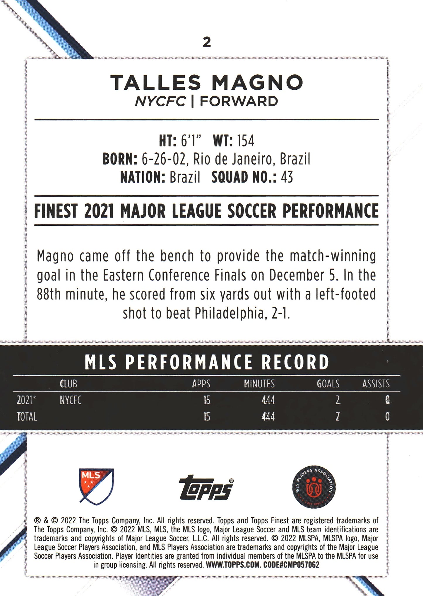2022 Topps Finest MLS Talles Magno RC #2 New York City FC