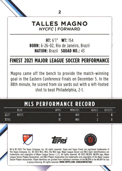 2022 Topps Finest MLS Talles Magno RC #2 New York City FC