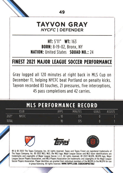 2022 Topps Finest MLS Tayvon Gray #49 New York City FC