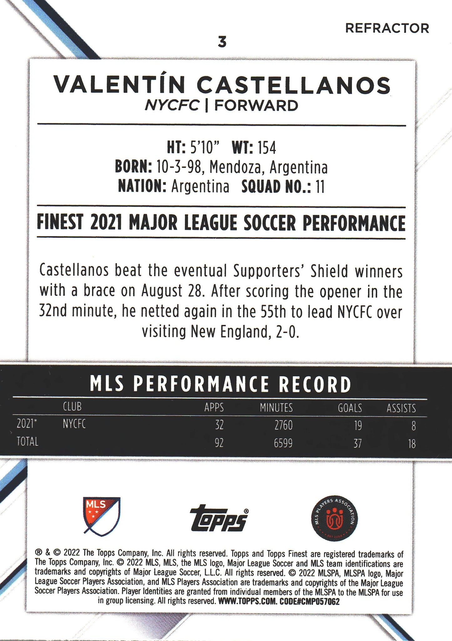 2022 Topps Finest MLS Refractor Valentin Castellanos #3 New York City FC