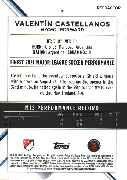 2022 Topps Finest MLS Refractor Valentin Castellanos #3 New York City FC