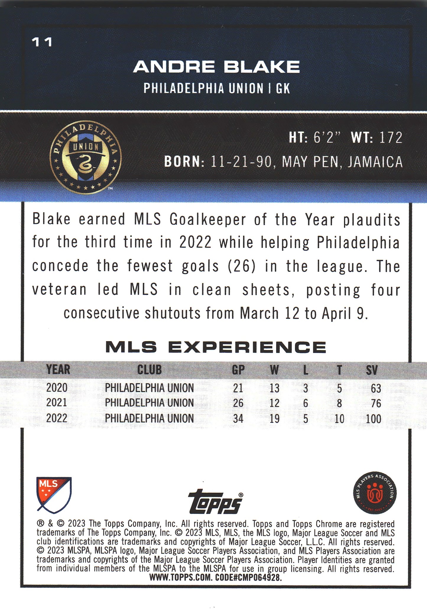 2023 Topps Chrome MLS Andre Blake #11 Philadelphia Union