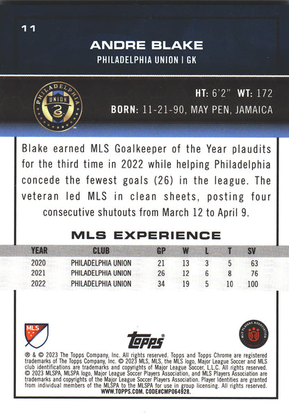 2023 Topps Chrome MLS Andre Blake #11 Philadelphia Union