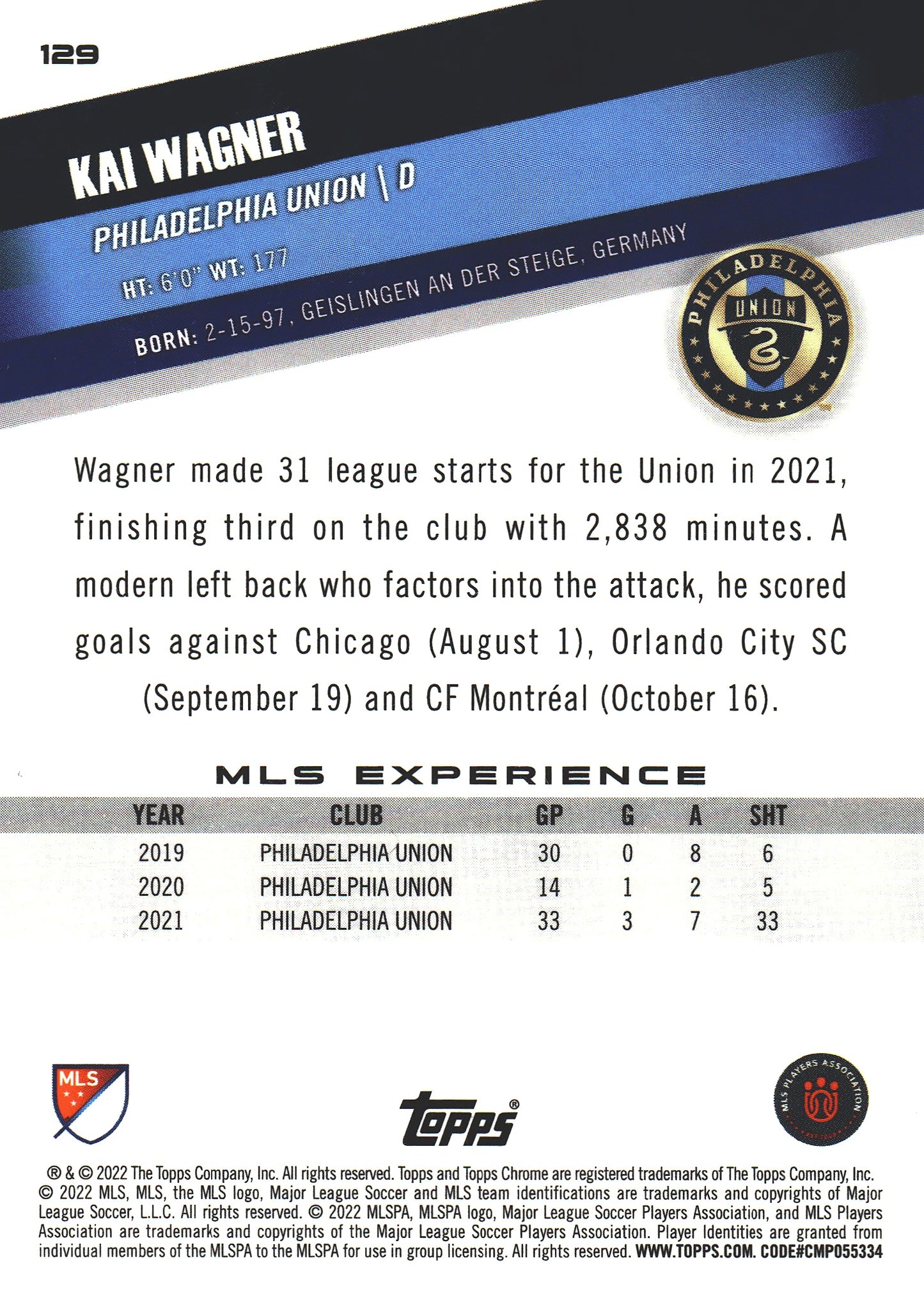 2022 Topps Chrome MLS Kai Wagner #129 Philadelphia Union