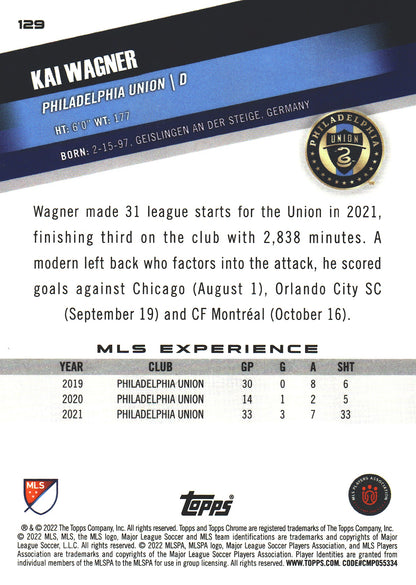 2022 Topps Chrome MLS Kai Wagner #129 Philadelphia Union