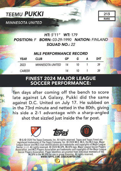 2024 Topps Finest MLS Checkerboard Refractor Teemu Pukki #213 Minnesota United FC