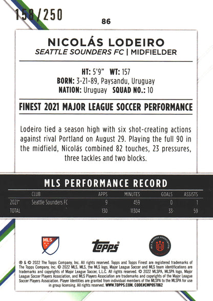 2022 Topps Finest MLS Purple /250 Nicolas Lodeiro #86 Seattle Sounders