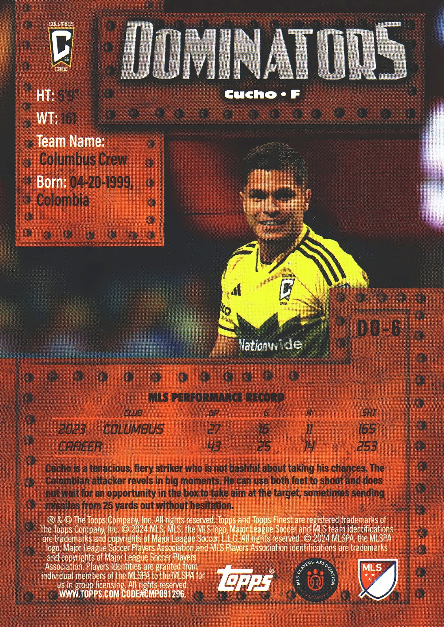 2024 Topps Finest MLS Finest Dominators Cucho #DO-6 Columbus Crew