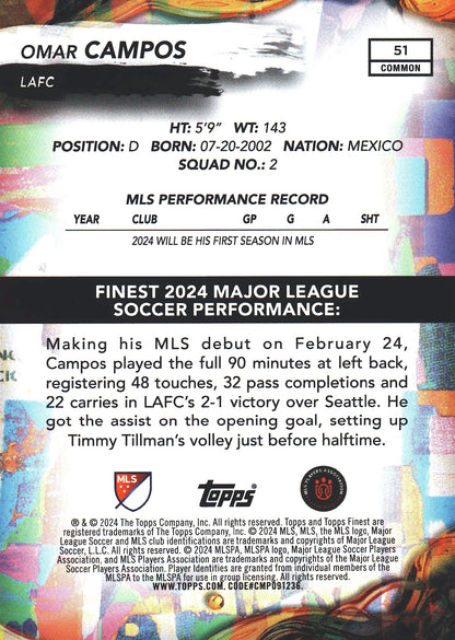 2024 Topps Finest MLS Neon Green /125 Omar Campos RC #51 LAFC