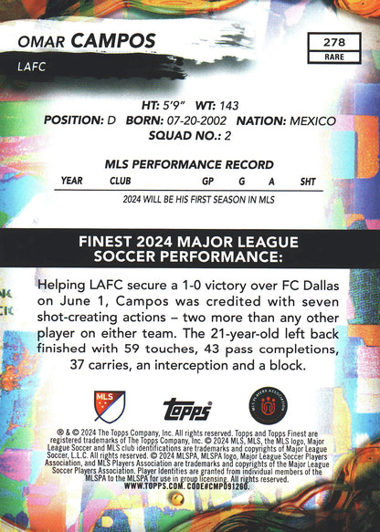 2024 Topps Finest MLS Aqua /50 Omar Campos RC #278 LAFC